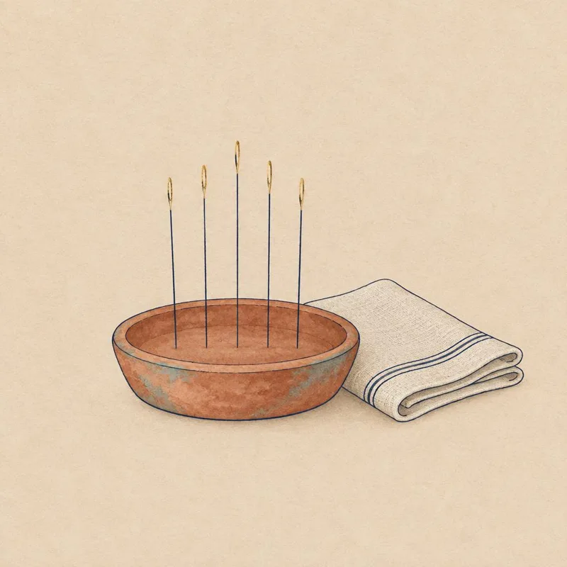 Illustration of five fine needles standing in a terracotta dish beside a folded linen cloth