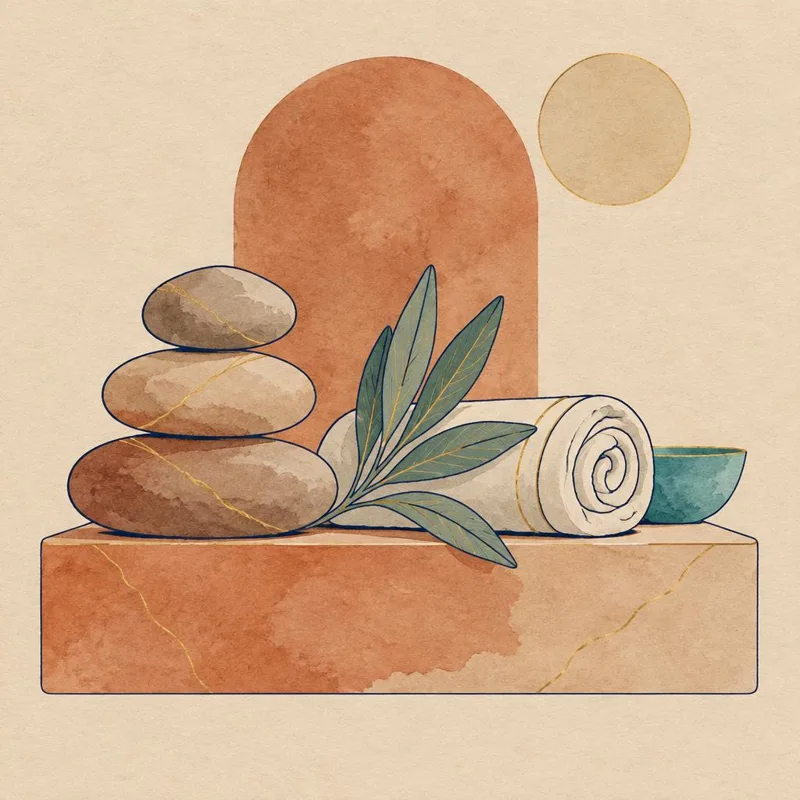 Illustration of stacked stones, a rolled towel and a sprig of sage