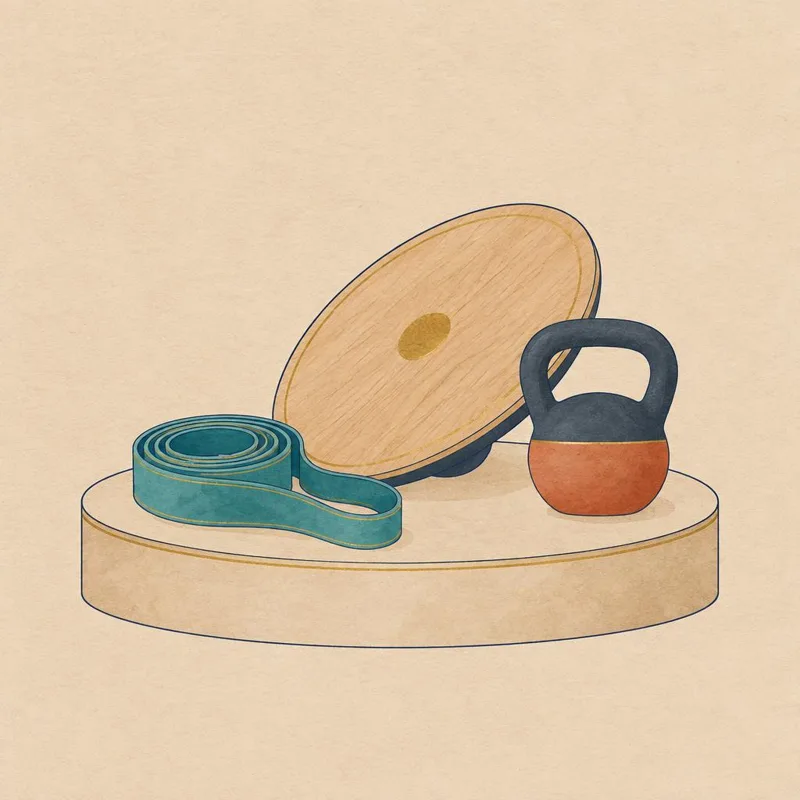 Illustration of a resistance band, a wooden balance board and a kettlebell on a plinth